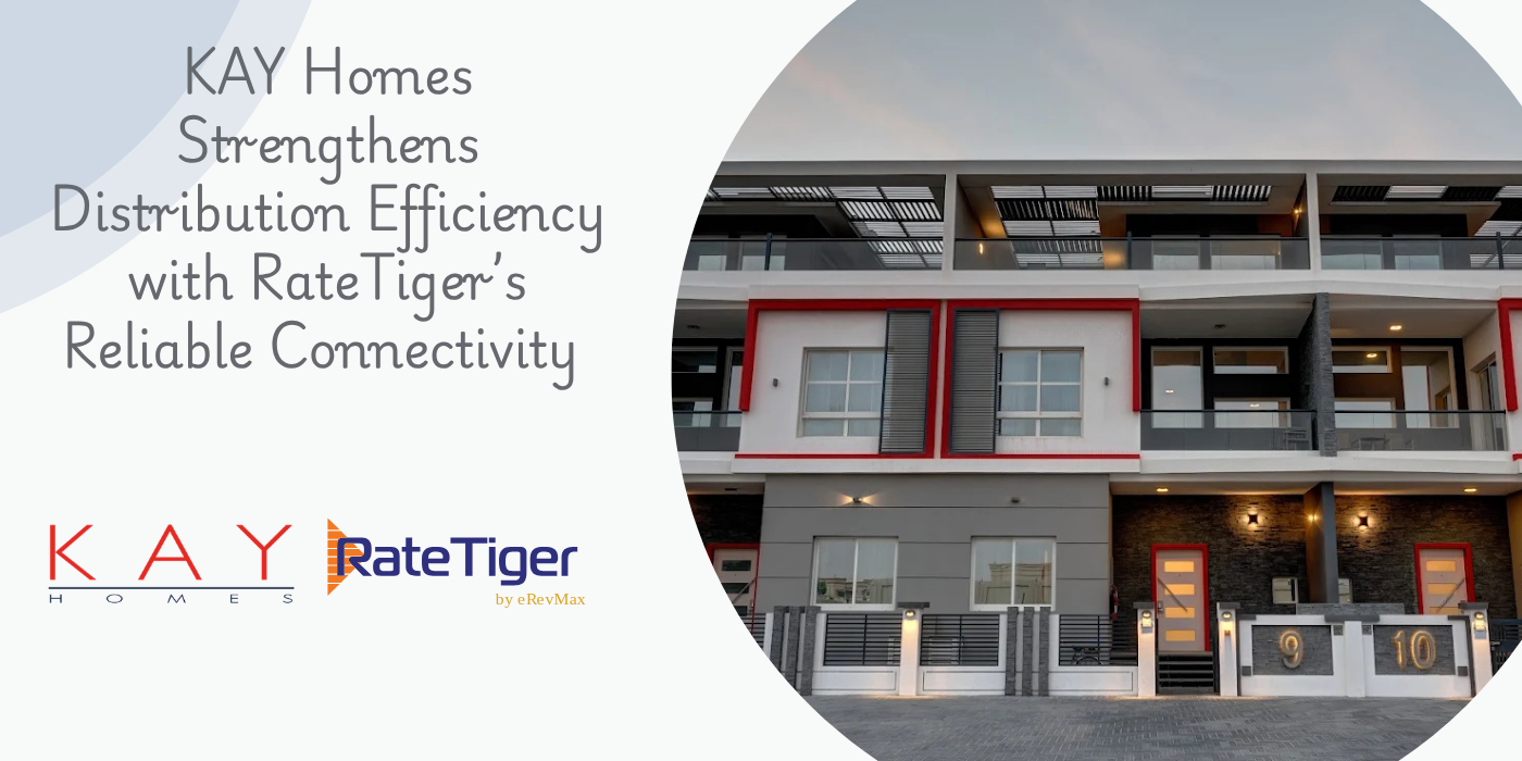 Promo banner: KAY Homes and RateTiger collaboration promoting improved distribution efficiency with a reliable connectivity slogan on a light left panel and a modern building on the right side, circle cutout design.