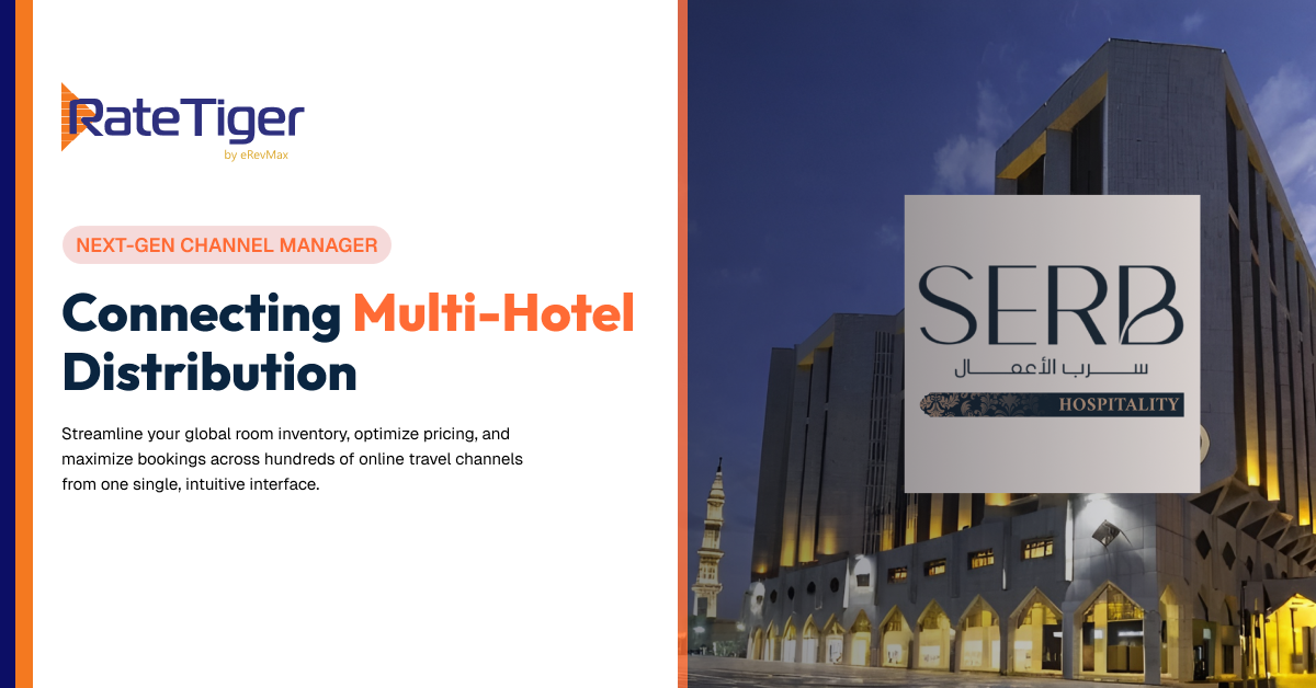 RateTiger branding with 'Connecting Multi-Hotel Distribution' and a 'Next-Gen Channel Manager' tag; right shows a modern hotel building with a SERB Hospitality sign.